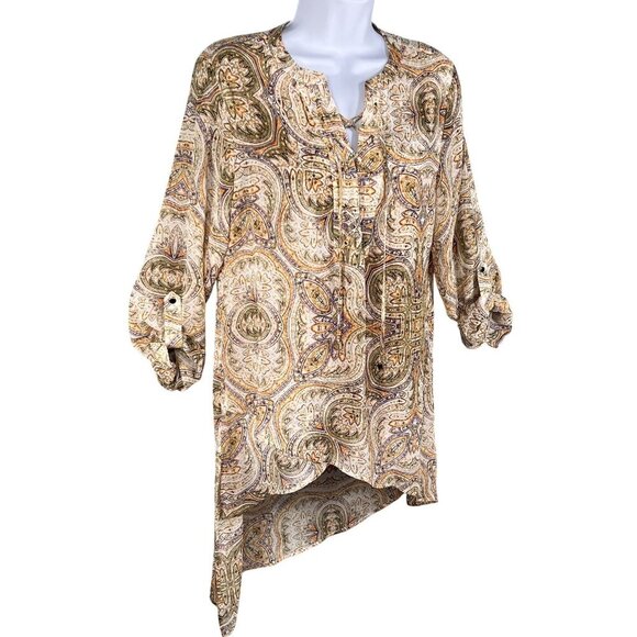 Chicos Mirrored Beauty Womens XS Paisley Sheer Asymmetric Tunic Chiffon Lace Up - Picture 6 of 15
